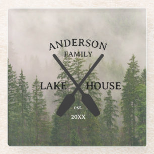 Personalized Family Name Lake House  Glass Coaster