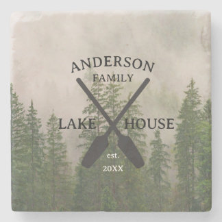 Personalized Family Name Lake House  Stone Coaster
