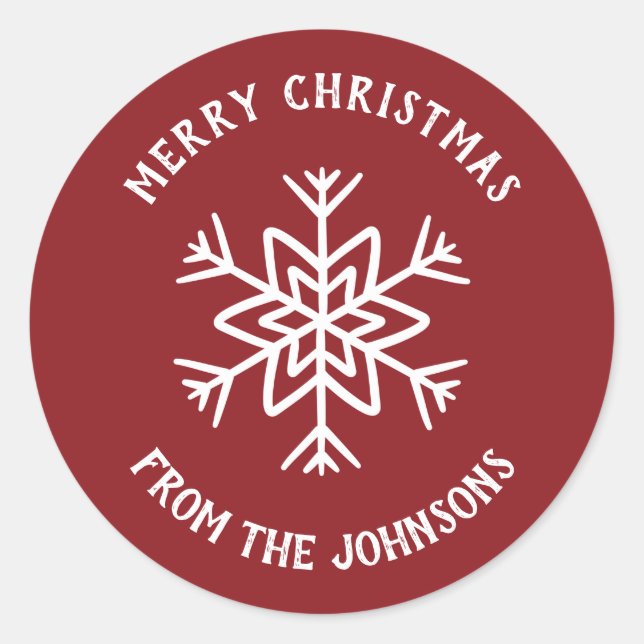 Personalized Family Name Merry Christmas Snowflake Classic Round Sticker (Front)