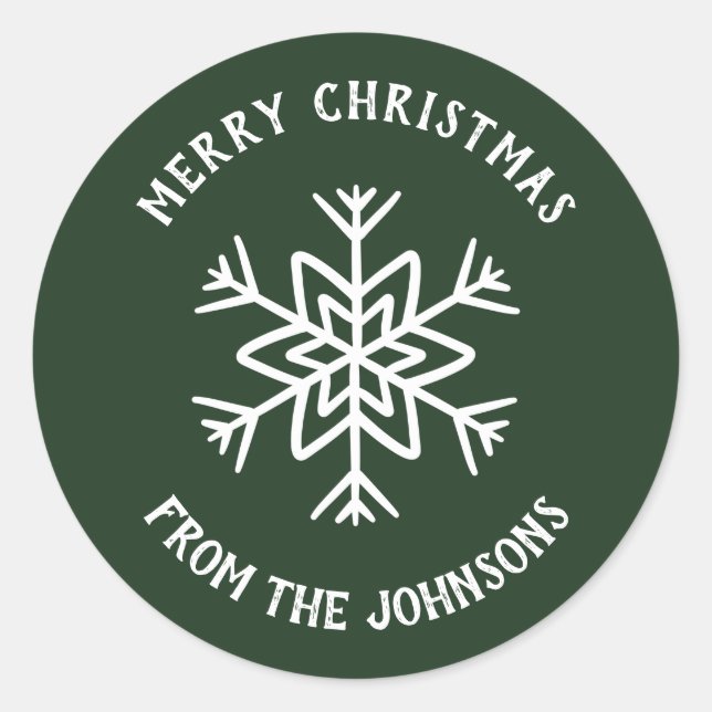 Personalized Family Name Merry Christmas Snowflake Classic Round Sticker (Front)
