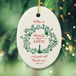 Personalized Family Name Peace on Earth Wreath Ceramic Ornament