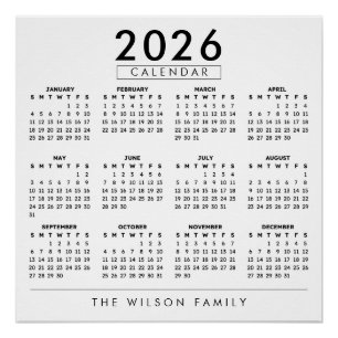 Personalized Family Name Wall Calendar 2026 Poster