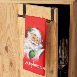 Personalized Family Name Winking Santa Christmas Tea Towel