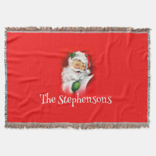 Personalized Family Name Winking Santa Christmas Throw Blanket