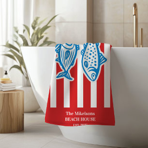 Personalized Family Nautical Red Sardine Stripes Bath Towel