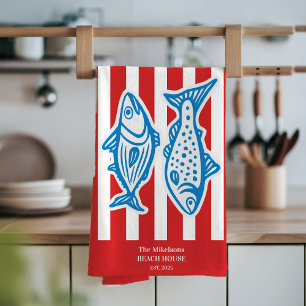 Personalized Family Nautical Red Sardine Stripes Tea Towel