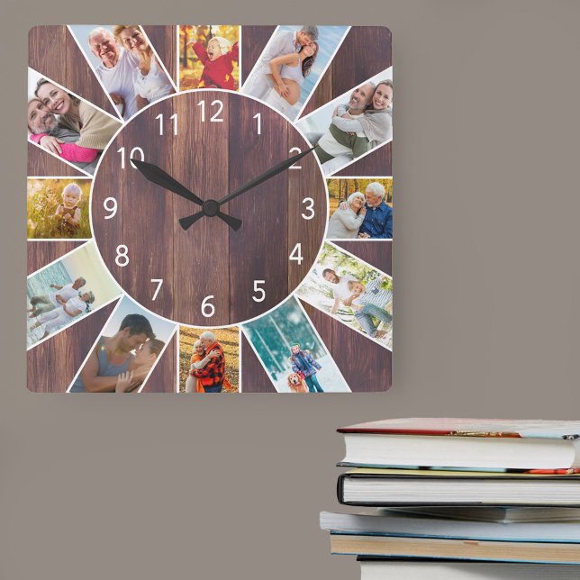 Personalized Family Photo Collage Warm Brown Wood Square Wall Clock (Photo clock with 12 photos, one at each hour. Great design for your home or a thoughtful photo gift.)