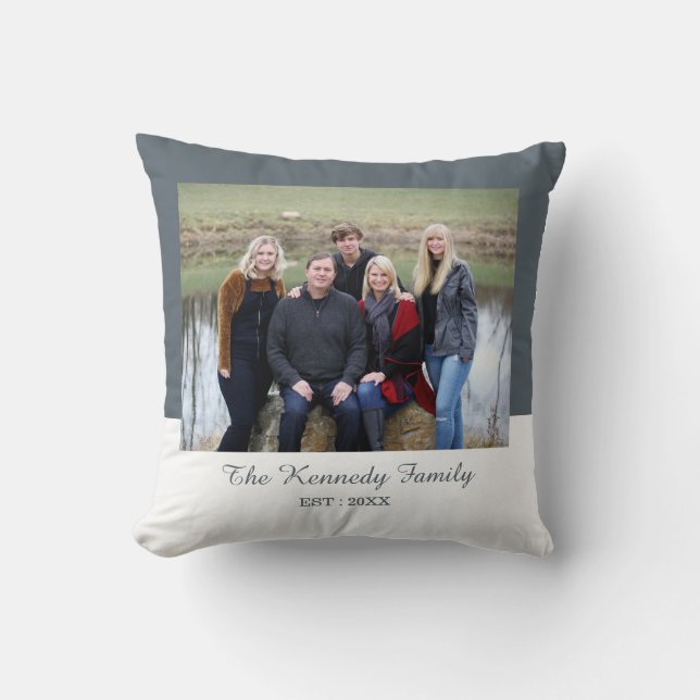 Personalized Family Photo Name Gray And White Cushion (Front)