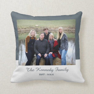 Personalized Family Photo Name Gray And White Cushion