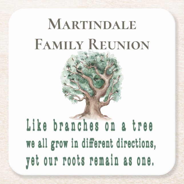 Personalized Family Tree Reunion Square Paper Coaster (Front)