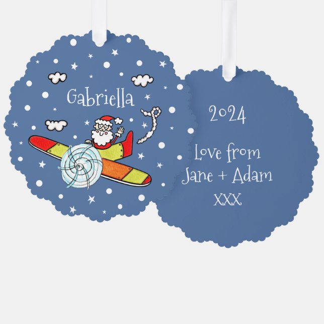 Personalized Father Christmas Santa Claus Airplane Tree Decoration Card (Front/Back)
