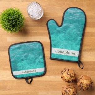 Personalized Faux Blue Water Oven Mitt & Pot Holder Set