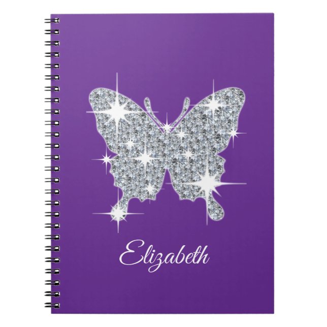 Personalized faux diamond sparkle butterfly design notebook (Front)