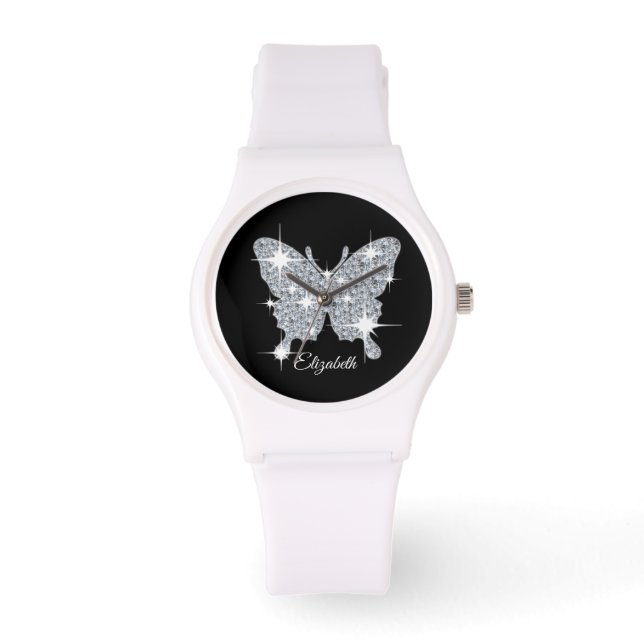 Personalized faux diamond sparkle butterfly design watch (Front)