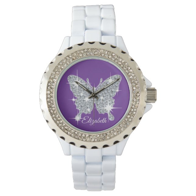 Personalized faux diamond sparkle butterfly watch (Front)