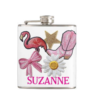 Personalized Faux Patches Pink Western Boot Hip Flask