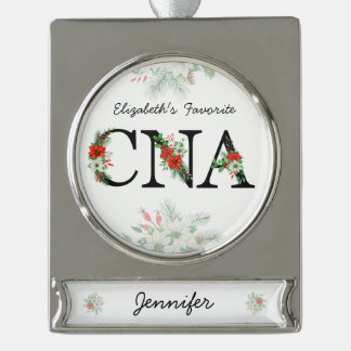 Personalized Favorite CNA Red Floral Christmas Silver Plated Banner Ornament