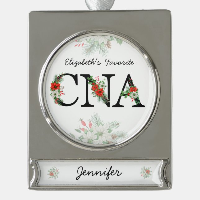 Personalized Favorite CNA Red Floral Christmas Silver Plated Banner Ornament (Front)