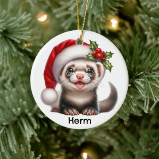 Personalized Ferret with Santa Hat Ceramic Ornament