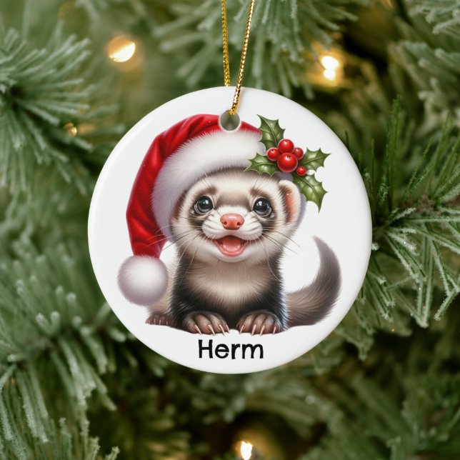 Personalized Ferret with Santa Hat Ceramic Ornament (Tree)