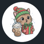 Personalized Festive Cat & Iced Latte Round Sticke Classic Round Sticker<br><div class="desc">Make your holiday gifts stand out! Large 3-inch round stickers featuring a cozy Christmas cat. High-gloss finish for a premium look.</div>