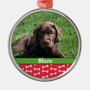 Personalized Festive Puppy Dog Bones Photo Pet Metal Ornament