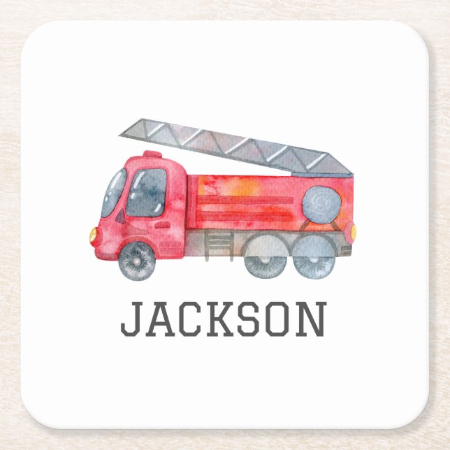 Personalized Firefighter birthday Party Square Paper Coaster (Front)
