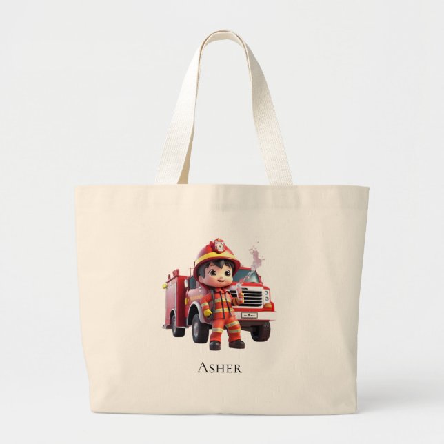Personalized Firefighter Boy Cartoon Hero Large Tote Bag (Front)