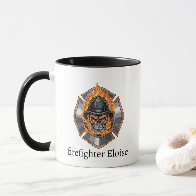 Personalized Firefighter Skull Fireman  Mug (With Donut)