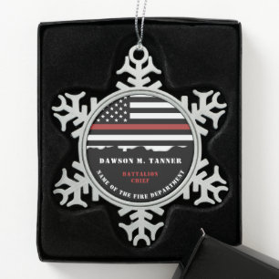 Personalized Firefighter Thin Red Line Fire Rescue Snowflake Pewter Christmas Ornament