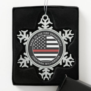 Personalized Firefighter Thin Red Line USA Flag Snowflake Pewter Christmas Ornament