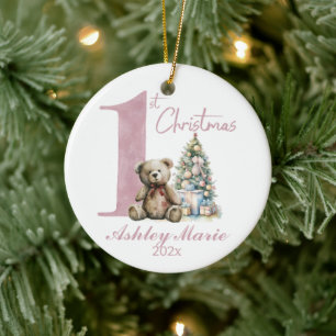 Personalized First Christmas bear for girl Ceramic Ornament