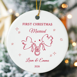 Personalized First Christmas Married Dove Ceramic Ornament