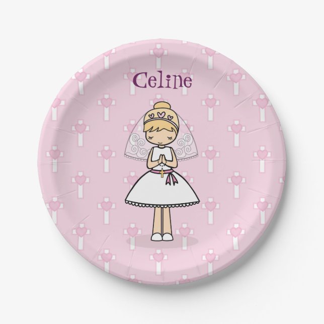 Personalized First Communion Day Girl Paper Plate (Front)