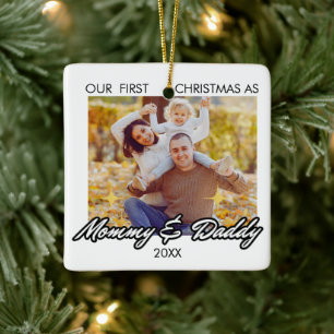 Personalized First Xmas as Mommy and Daddy Photo Ceramic Ornament