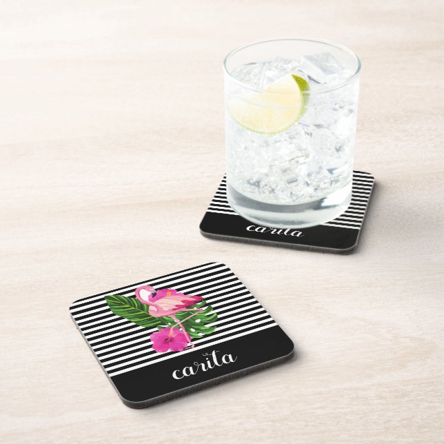 Personalized Flamingo Striped Hard Plastic Coaster (Right Side)