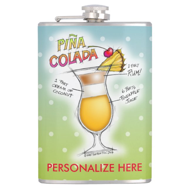PERSONALIZED FLASK, PINA COLADA RECIPE COCKTAIL HIP FLASK (Front)