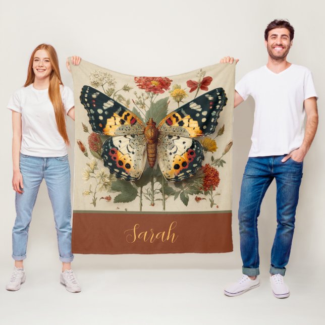 Personalized Fleece Blanket Butterfly Floral Tan (In Situ)