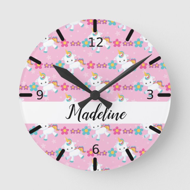 Personalized Floral Baby Unicorn Round Clock (Front)