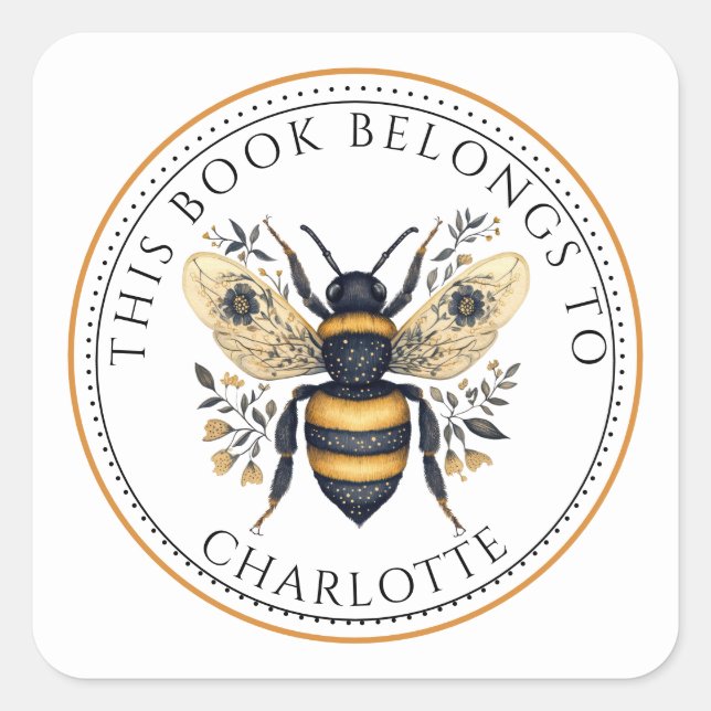 Personalized Floral Bee Library Name Square Sticker (Front)