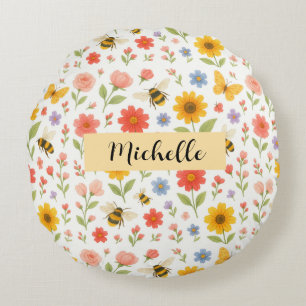 Personalized Floral Bee Round Pillow