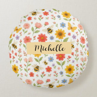 Personalized Floral Bee Round Pillow