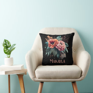 Personalized Floral Chic Peonies on Black Cushion