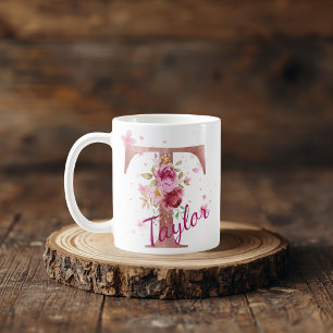 Personalized Floral Initial Mug – Custom Letter T