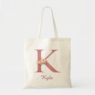 Personalized Floral Letter K Monogram Tote Bag