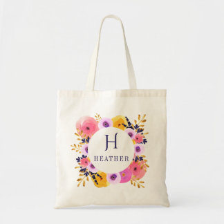 Personalized Floral Monogram and Name Tote Bag