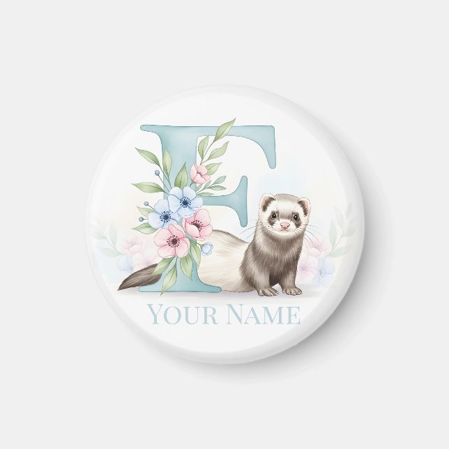 Personalized Floral Monogram 'F' with Cute Ferret  Magnet (Front)