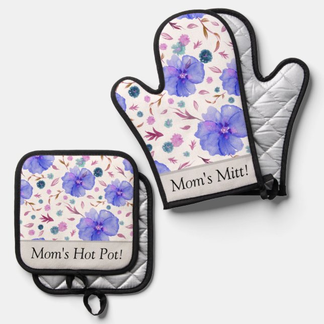 Personalized Floral Oven Mitt & Pot Holder Set  (Front/Back)