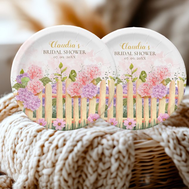 Personalized Floral Picket Fence Hydrangea Bridal  Paper Plate (Creator Uploaded)