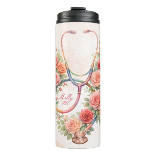 Personalized Floral Pink Rose Stethoscope Thermal Tumbler